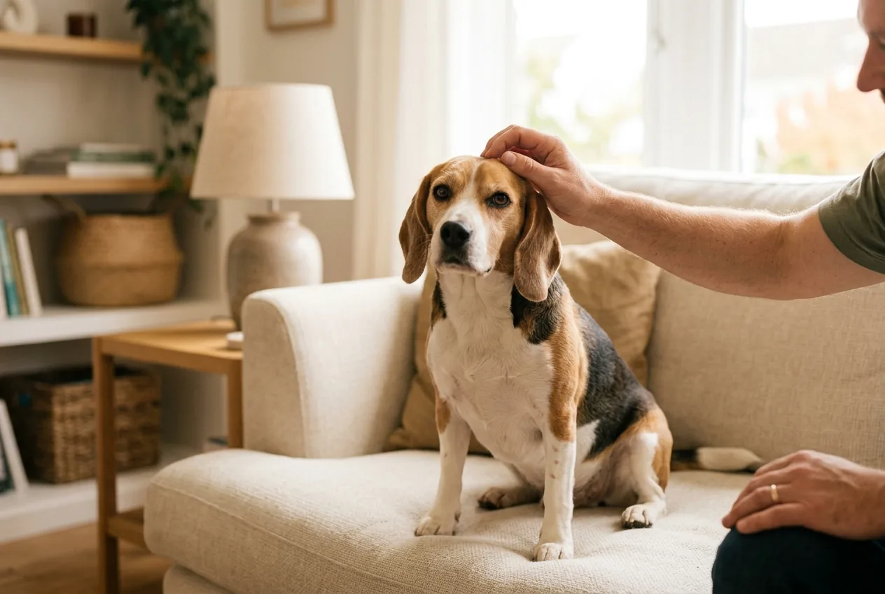 A happy beagle mix sits on a cream couch in soft daylight while an owner gently pets the dog